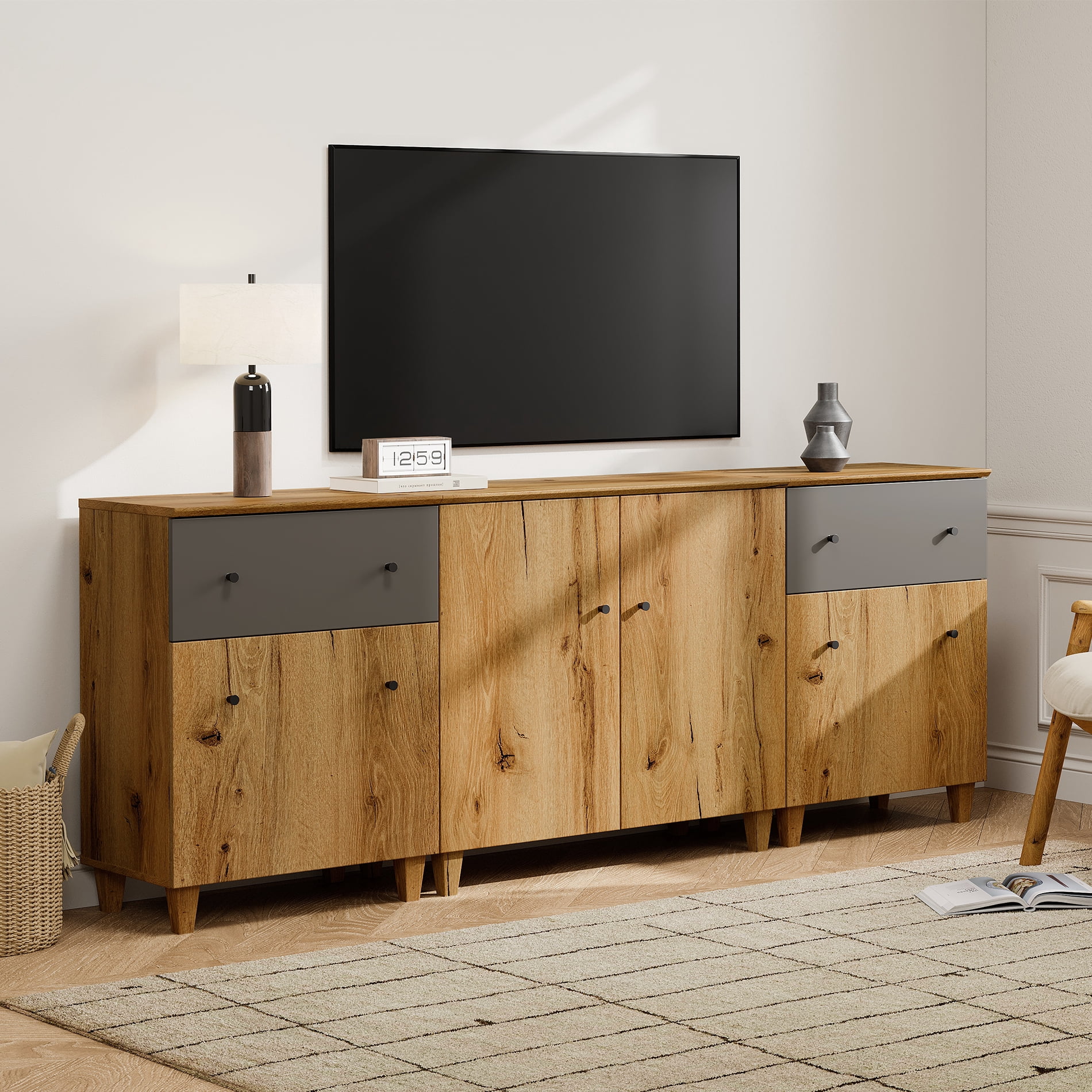 WAMPAT TV Stand for 85+ Inches TVs, 3-in-1 Modern Wooden Media Console with 2 Spacious Drawers and 3 Storage Cabinets for Living Room, Oak Brown