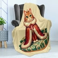 thumbnail image 3 of Ambesonne Cat Fleece Throw Blanket Queen Kitty Character on Money 60"x80" Cream Hunter Green and Orange, 3 of 5