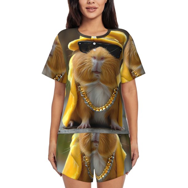 Fotbe Heavy Metal Style Guinea Pig Conjunto de Pijama Estampado para Mujer, 2 Piezas, Ropa de Dormir con Camiseta de Manga Corta y Shorts Suaves-3X-Large