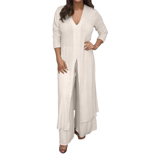 Conjunto de dos piezas de gasa para mujer talla grande: top de cuello en V y manga larga + pantalones, traje de playa, diseño con abertura, para primavera-verano