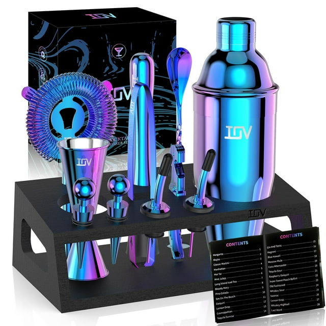 IOV Mixology Bartender Kit with Stand | 12-Piece Cocktail Shaker Set | 24oz Martini Shaker Set for Drink Mixing | Bar Set Includes All Bar Tools and Recipe Booklet | Fun
