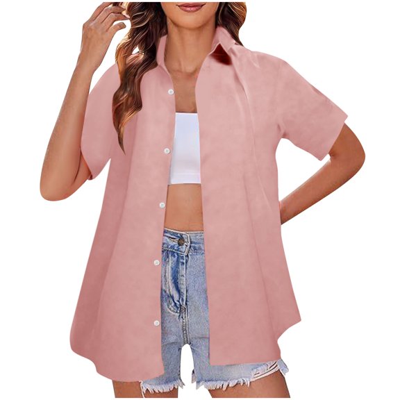 Zpanxa Casual Short Sleeve Shirt for Women Button Down Printed Blouse Summer Comfortable Top Relaxed Fit T-Shirt