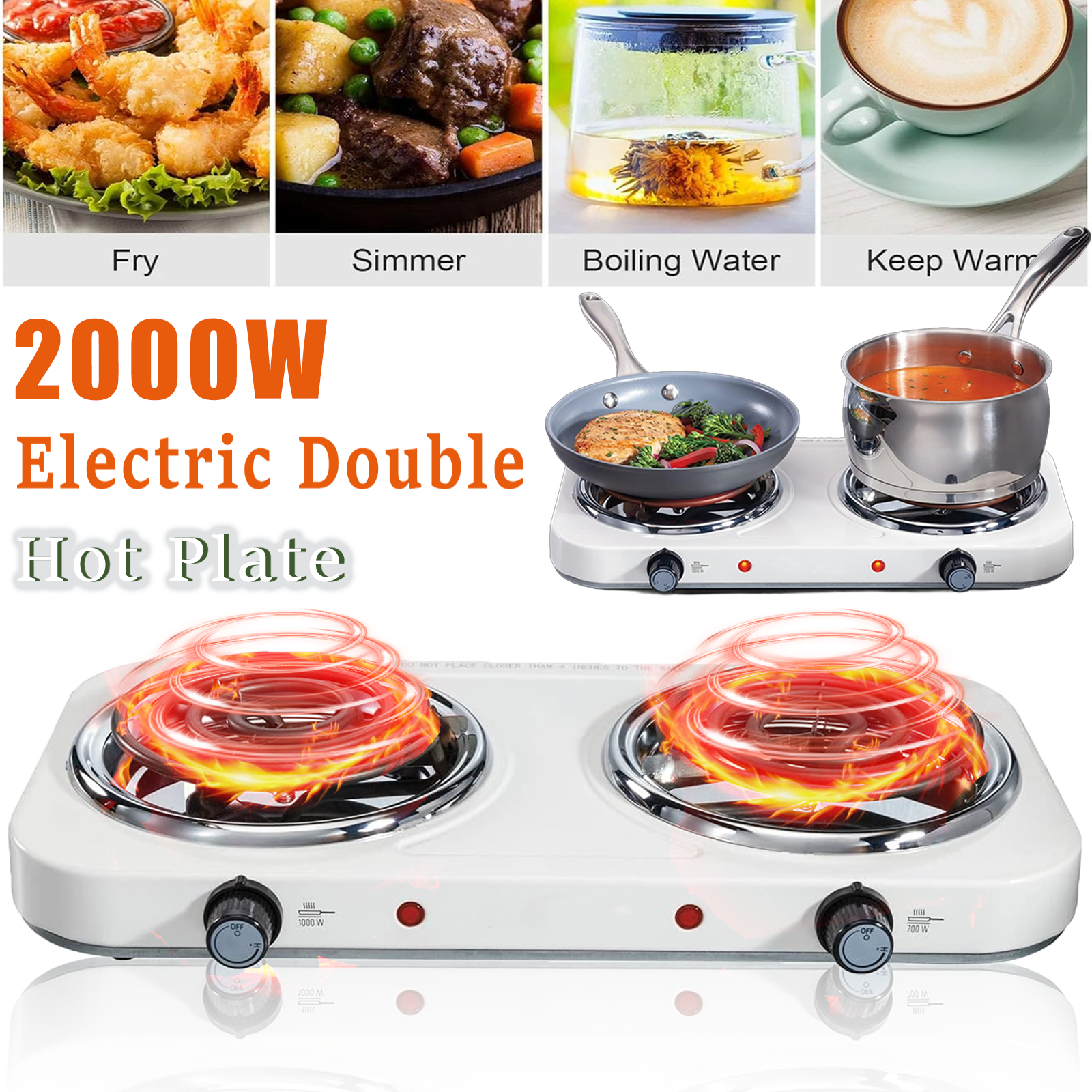 2000W Hot Plate for Cooking, Electric Double 6” Coil Burner , Electric Stove Top Burner, Portable Countertop Range Burner, with 5 Levels Temperature Control, suit Kitchen/ Camping White