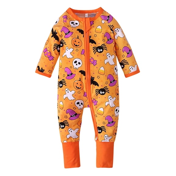 Rhuody Halloween Onesies For Boys Crewneck Long Sleeve Cartoon Prints Romper Hallowmas Zipper Jumpsuit 6-12 Months Orange