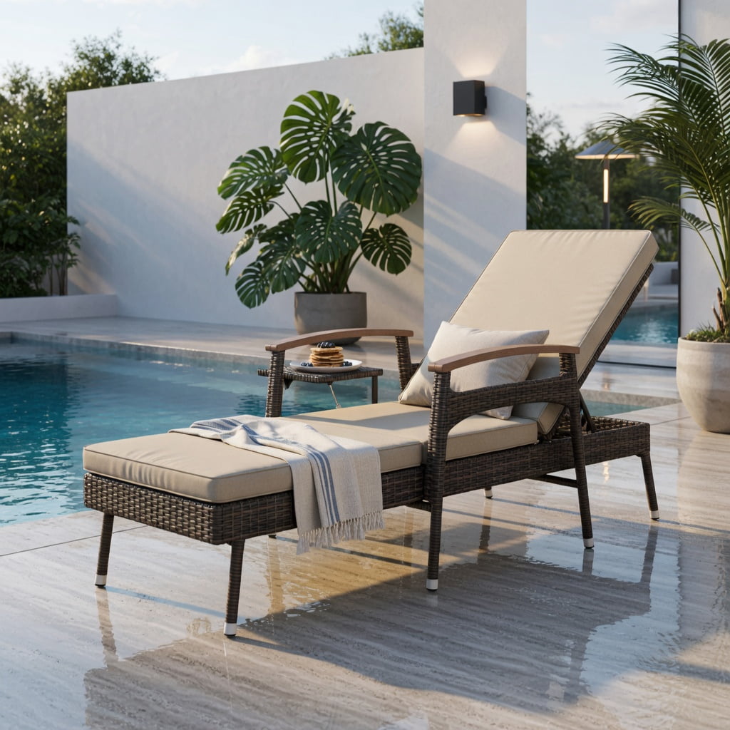 Hommoo Adjustable Wicker Recliner Chair with Footrest & Side Table, PE Rattan Outdoor Patio Lounge Chair, Brown