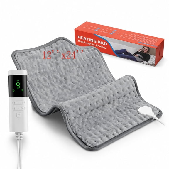 Electric Heating Pad for Back Neck and Shoulders, Fast-Heating, Soft Heated Pad with 9 Heat and 4 Timer Settings, Period  Heating Pad for Cramps Abdomen Legs, Machine Washable, 12''x24'', Gray