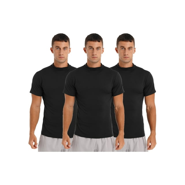 dPois 3 Pcs Chandails à Col Montant pour Hommes, Manches Courtes, T-Shirts Basiques Ajustés, Couleur Unie, Noir m