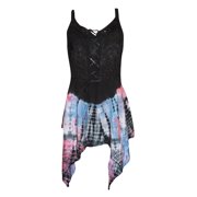 Mogul Womens Strap Top Tie Dye Black Embroidered Front Laces Gypsy Blouse L