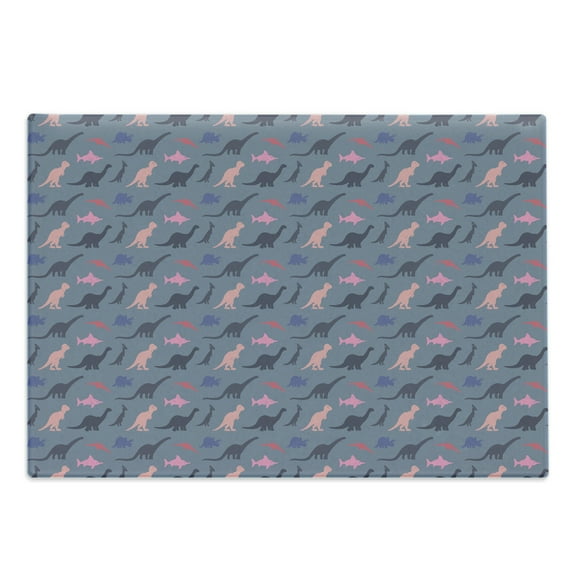 Nursery Cutting Board, Colorful Dinosaur and Shark Silhouettes Modern Pattern in Pastel Colors, Decorative Tempered Glass Cutting and Serving Board, in 3 Sizes, by Ambesonne