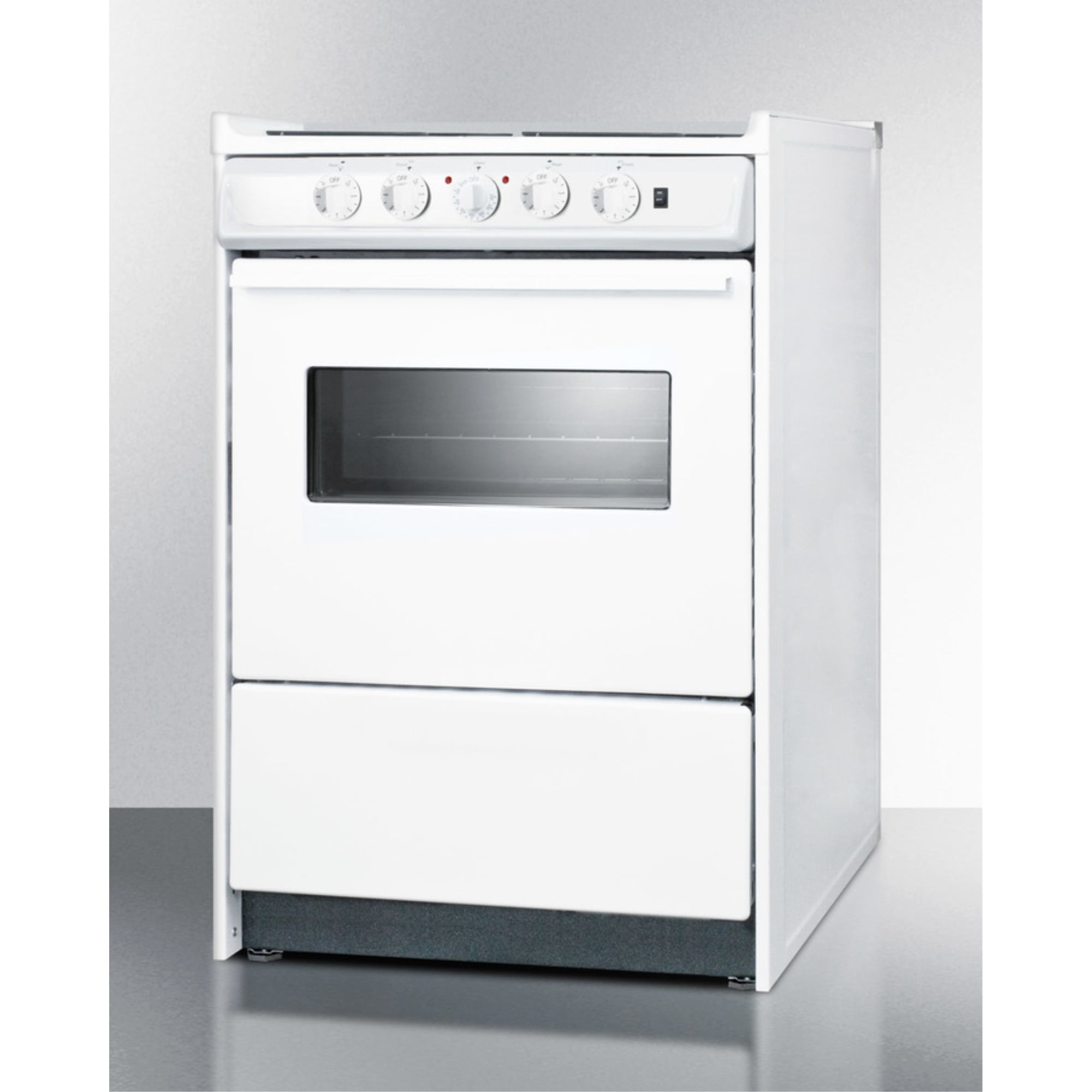24" wide slide-in style electric coil top range in white with oven window