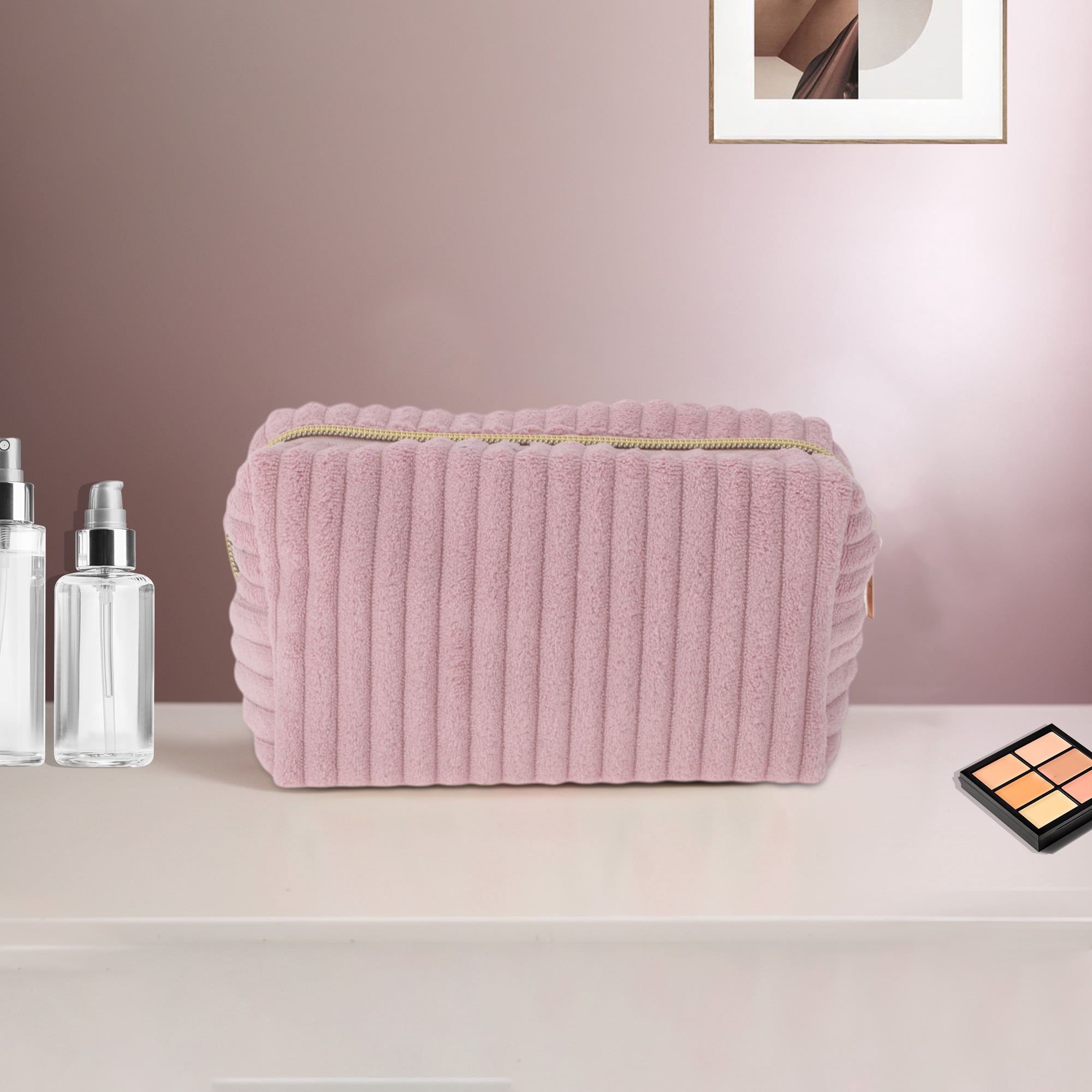 Unique Bargains 1 Pc Vertical Stripe Pattern Makeup Bag Pink