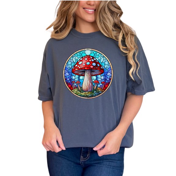 Colorful Stained Glass Mushroom Art T-Shirt, Psychedelic Mushroom Artwork Tee, Unique Graphic Tee, Vibrant Fungi Design Shirt, Denim Comfort Colors T-Shirt, Small