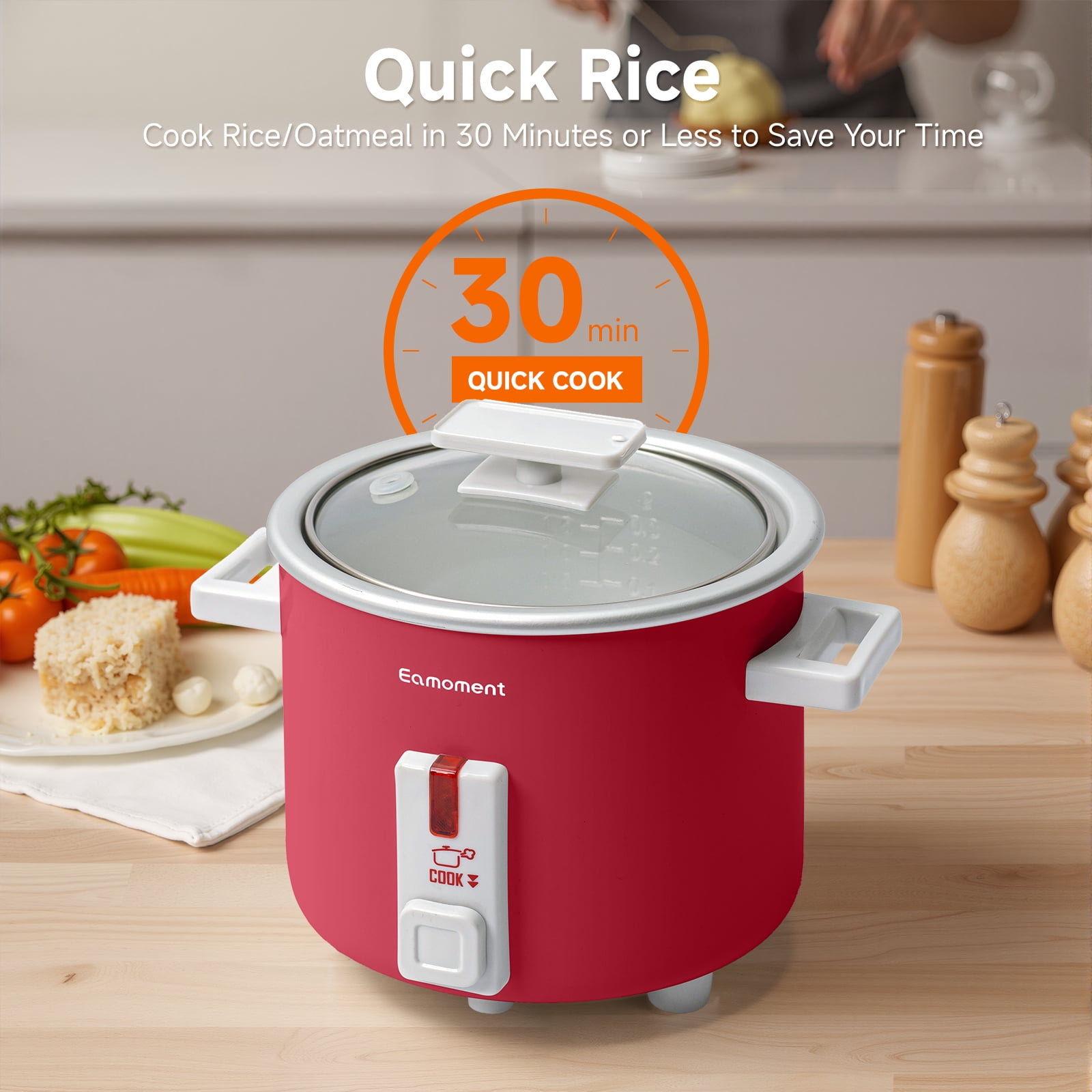 Small Rice Cooker, 1.5 Quart Mini Non-Stick Coated Insert Food Steamer and Dishwasher-Safe Glass Lid and Pot, Red