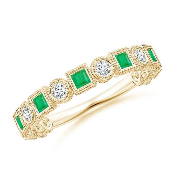 Square Shape Green Emerald CZ Diamond Eternity Band Ring Women 925 Sterling Silver Yellow Gold Plated May Birthstone Christmas New Year Gift Gemstone Jewelry