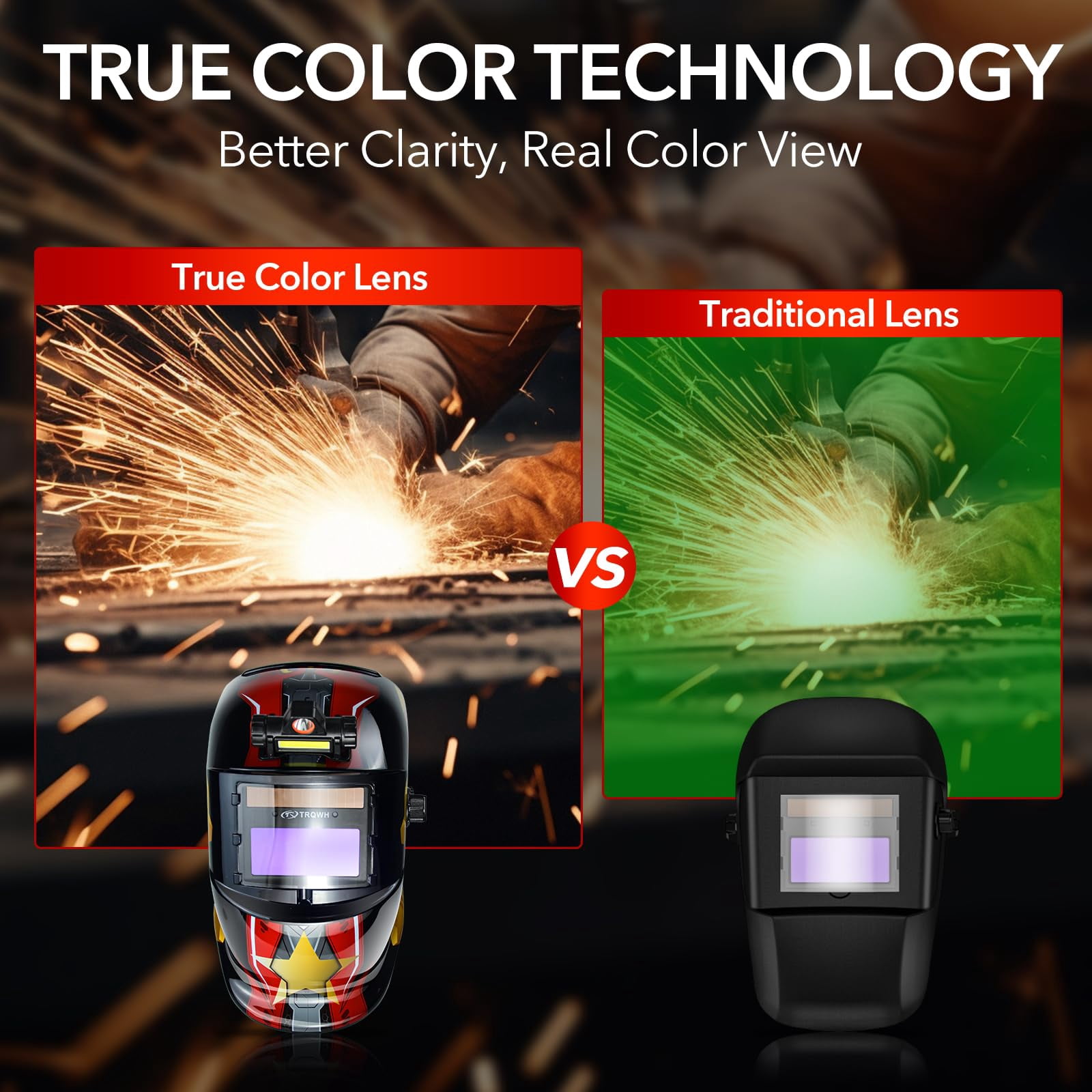 TRQWH Welding Hood Auto Darkening Welding Helmet with Light True Color 1/1/1/2 Top Optical Clarity Wide Shade 9-13 Welding Mask with Grinding Weld Helmet (KTS-HD94)