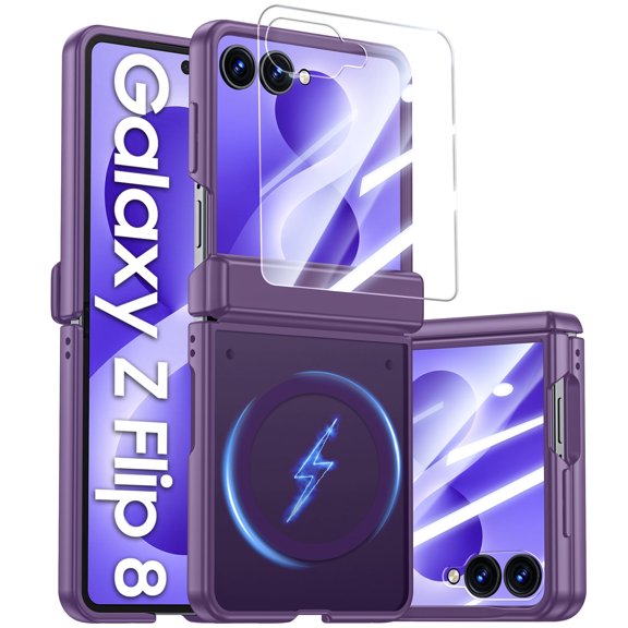 Vizvera for Samsung Galaxy Z Flip 8 Case,with Magnetic Power [Slim Design][Screen Protector][Hinge Protection] Translucent Matte Shockproof Protective Phone Case-Purple
