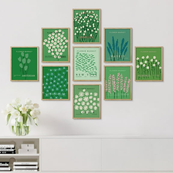 PixonSign Framed Canvas Print Wall Art Set - Multicolor Wildflowers in Green Poster Arts - Set of 9 Nature Wilderness Floral Botanical Vintage Wall Décor for Home Decoration - 11"x14" Natural