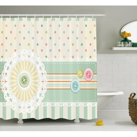 Shabby Chic Bathroom Decor Shabby Chic Decor Shower Curtain, Sewing Theme Border with Button Floral Patch Traditional Lace Dots Print, Fabric Bathroom Set with Hooks, 69W X 70L Inches, Multicolor, by Ambesonne ()