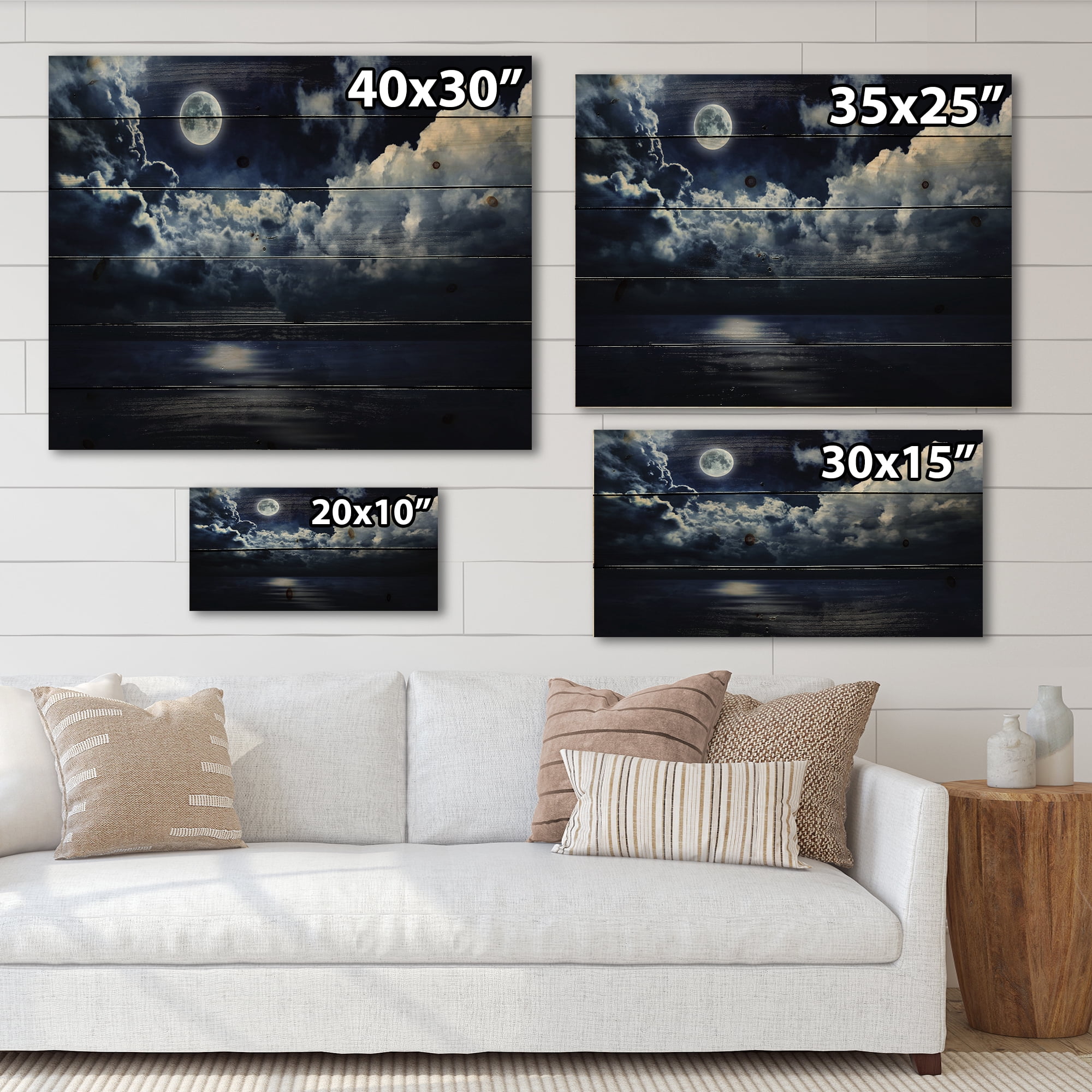 Designart 'Full Moon Night in Cloudy Sky' Modern Print on Natural Pine Wood