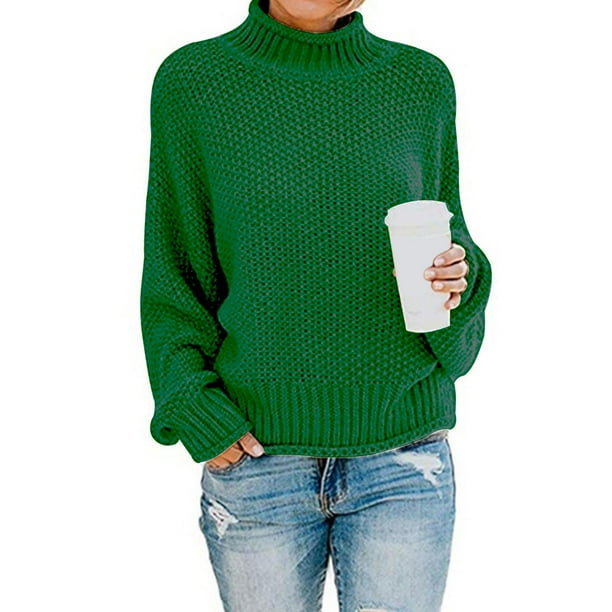 Suéteres de mujer de gran tamaño Cuello medio alto Mangas de murciélago Grueso Cuello alto suelto Suéteres casuales sólidos Suéteres de otoño Tops Verde Soledad suéter de mujer de gran tamaño