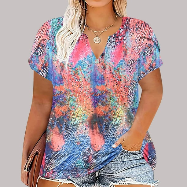 Pisexur Women's Plus Size Tops Floral Print Petal Sleeve Summer Tops Casual  Loose Fit Flare Swing Tunic Tops Boho Basic T-Shirt Plus Size XL-5XL