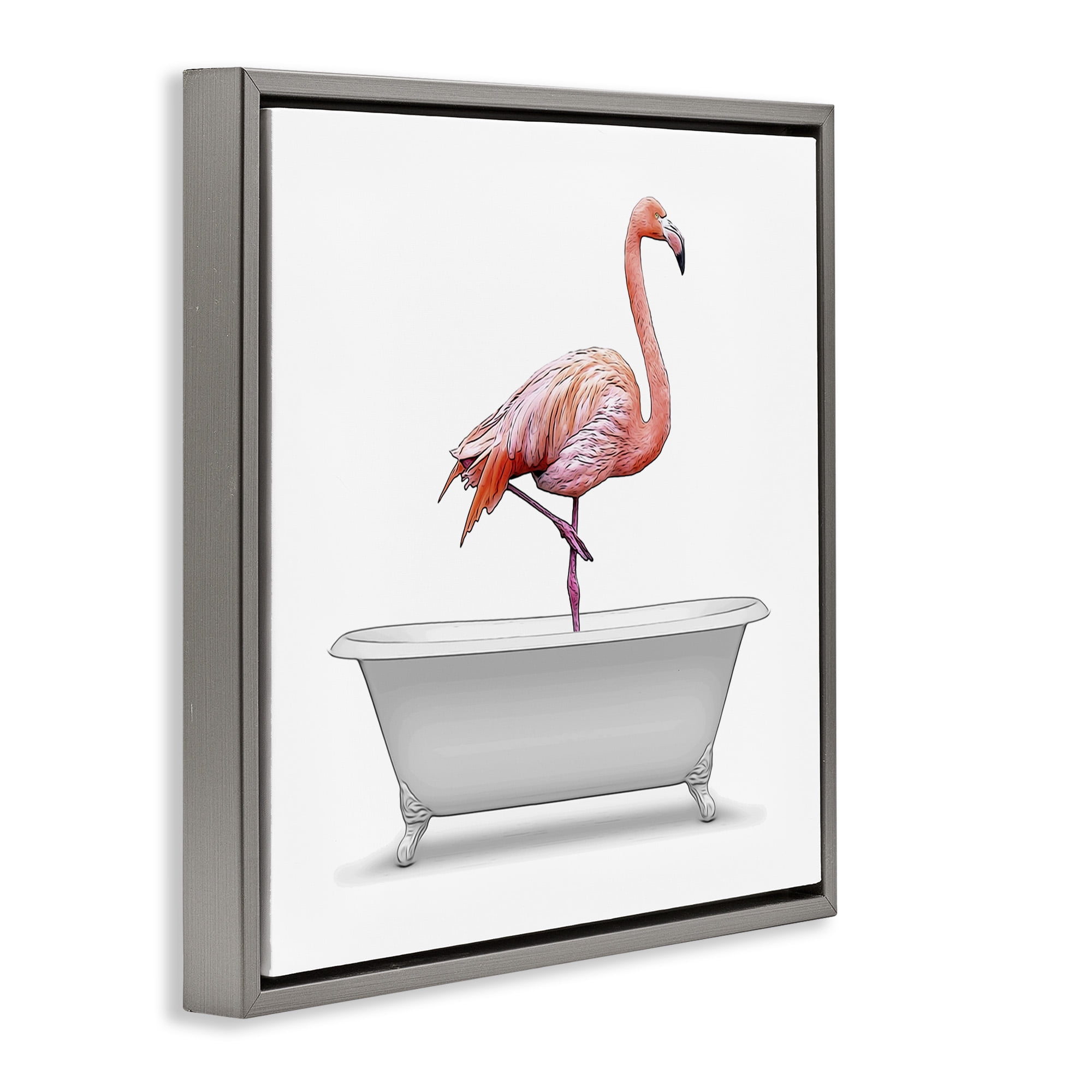 Stupell Industries Flamingo Standing Antique Bathtub Animals & Insects Painting Gray Floater Framed Canvas Art Print Wall Art, 18 x 18