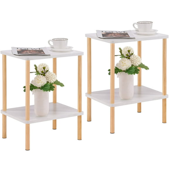 Juego de mesa auxiliar Apicizon de 2 niveles, madera blanca natural, 40 x 30 x 52 cm