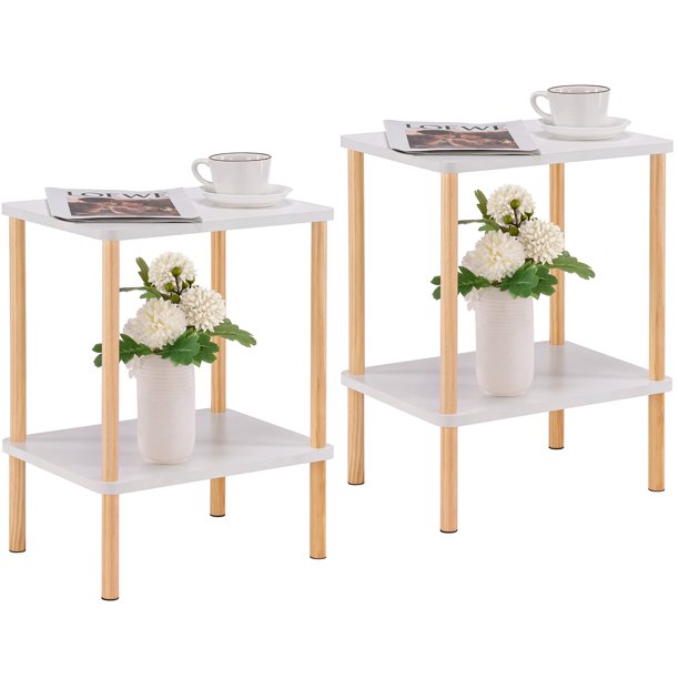 Juego de mesa auxiliar Apicizon de 2 niveles, madera blanca natural, 40 x 30 x 52 cm