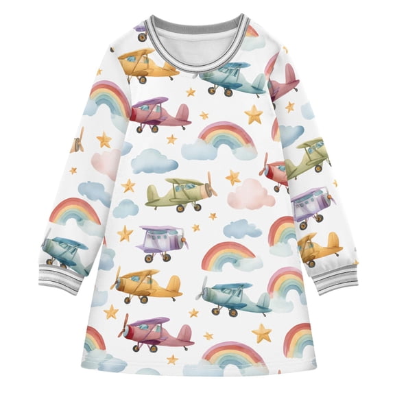 Girls' long-sleeved dress Airplane Rainbow Girls' A-line dress with ribbed cuffs Soft and comfortable