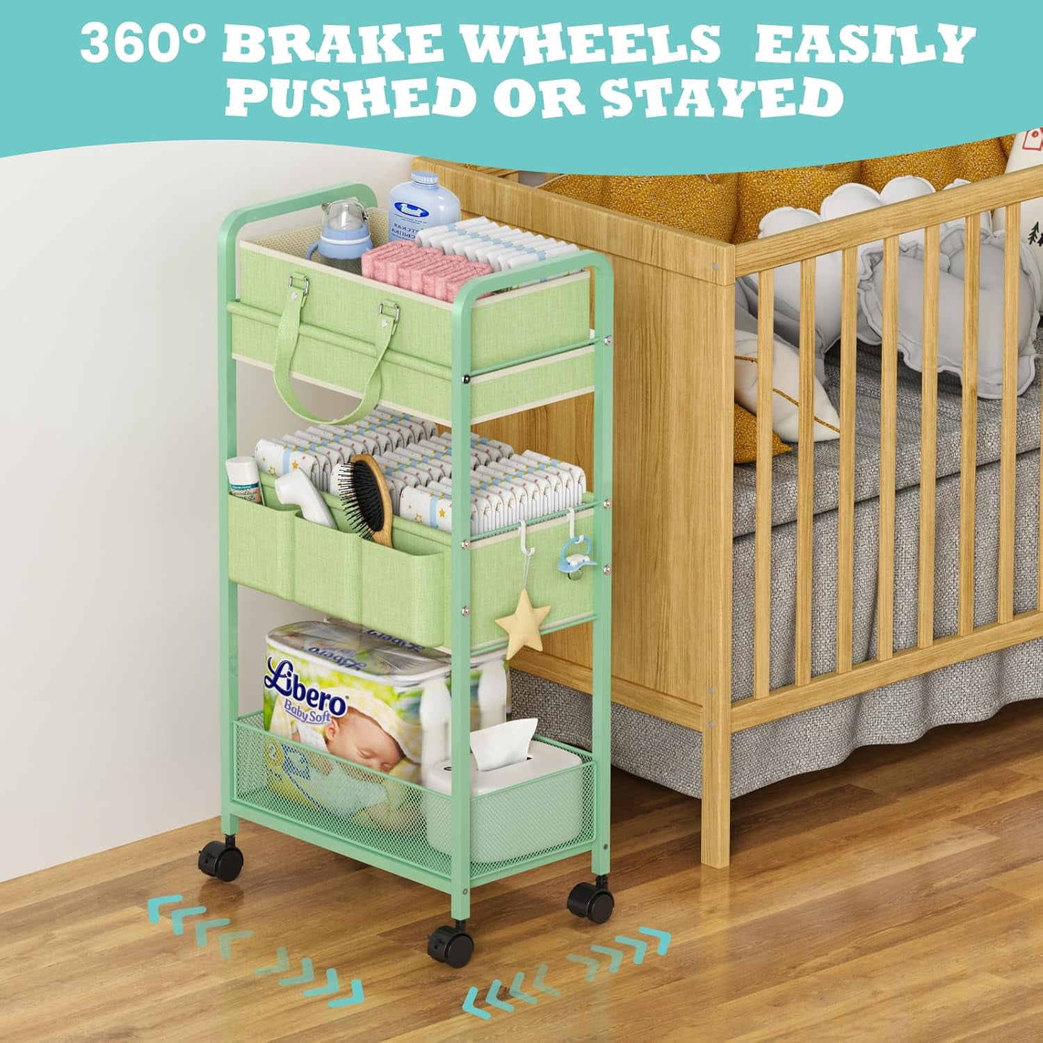 2in1  Diaper Caddy Organizer Cart, 3-Tier Rolling Cart, Metal Diaper Caddy Carts, Bedside Carts for Nursery Essentials Storage, Detachable Dividers, Large Capacity, Green