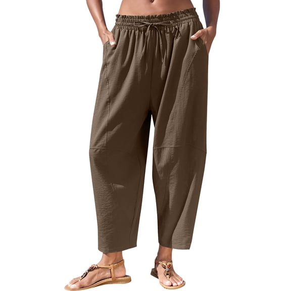 PWPSG Women's Elastic Waist Loose Harem Capri Pants, Breathable with Pockets Multi Colors for Daily Casual Wear Brown XL