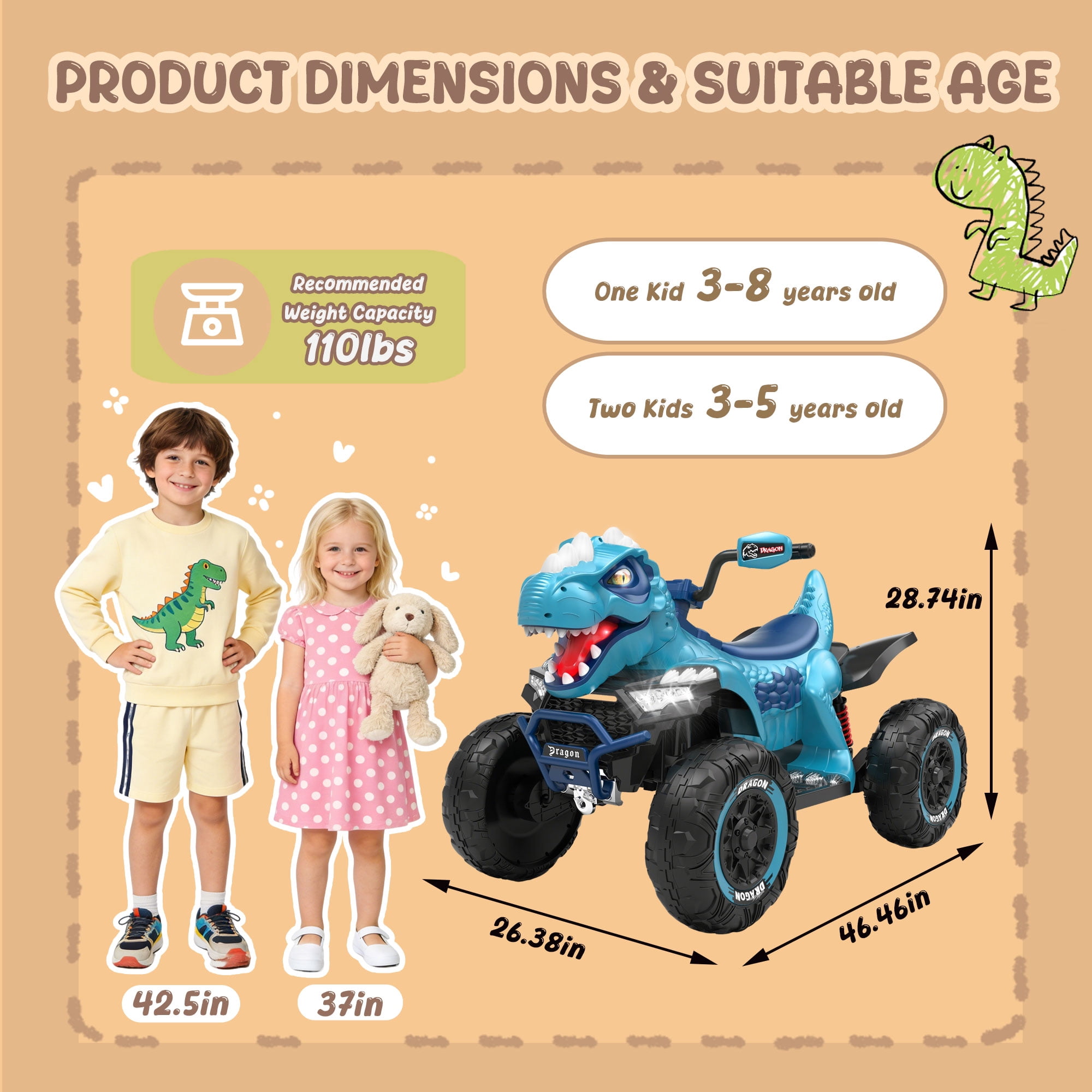 KEEPSUN 12V Ride on Toy for Kids, Dinosaur Ride on Car w/ Remote Control, 2-Seater 4 wheeler Kids ATV Quad with 100W*2 Motors, Bluetooth, Spring Suspension, Music, Cool Lights, Blue