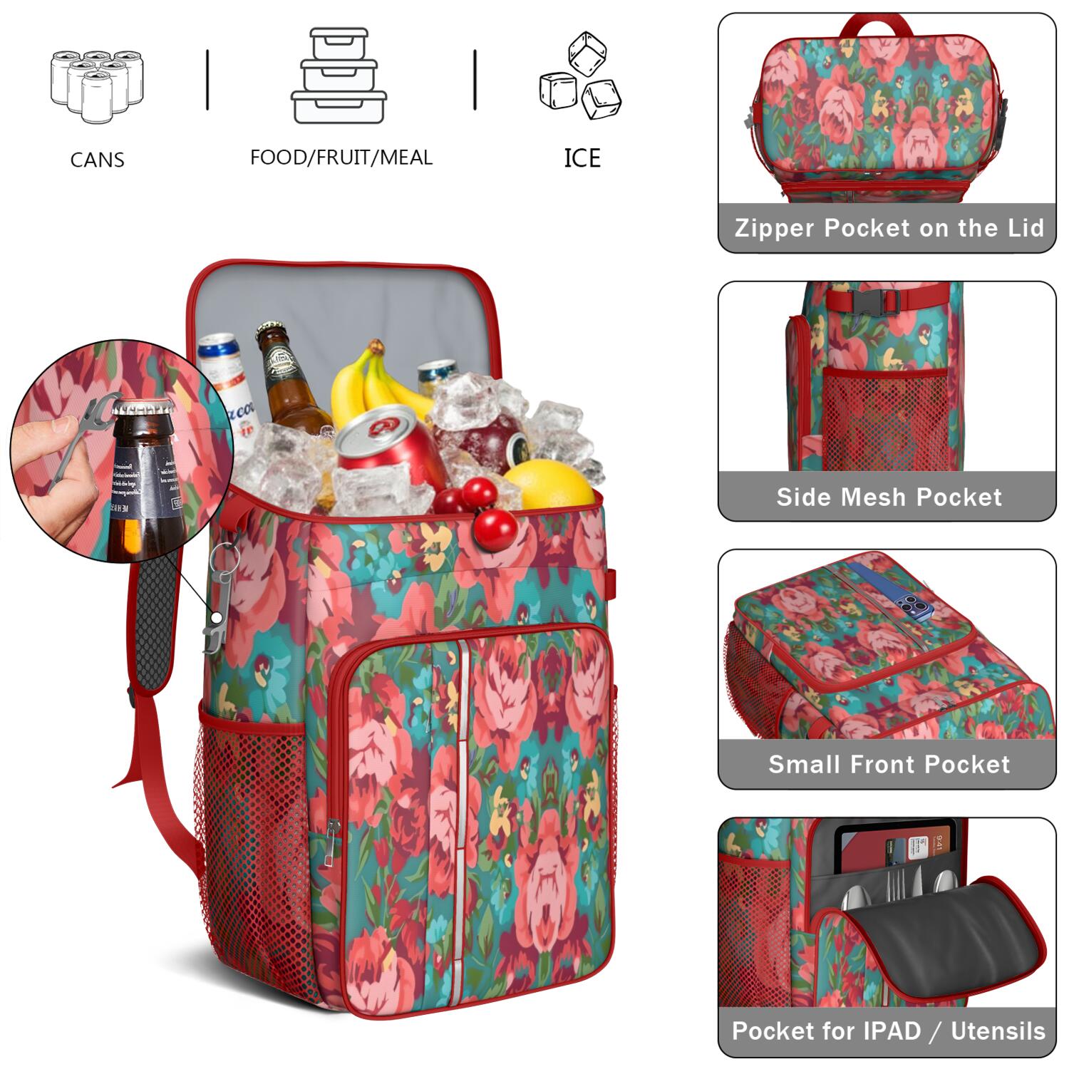 Travel Cooler Bag - Pioneer Flower Floral Print Pattern Camping Beer Cooler Backpack with Bottle Opener- Waterproof Insulated Picnic Backpacks - Cooler Bag for Beach
