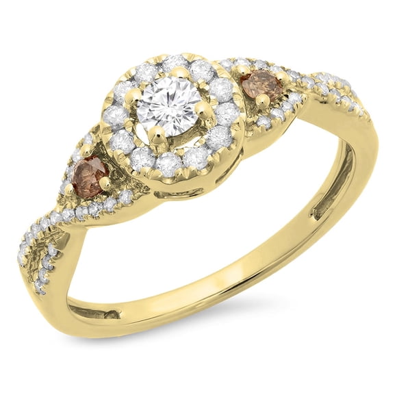 0.60 Carat (ctw) Or Jaune 14K Rond Champagne & Diamant Blanc Dames Tourbillon 3 Pierres Style Halo Vintage Fiançailles Nuptiales