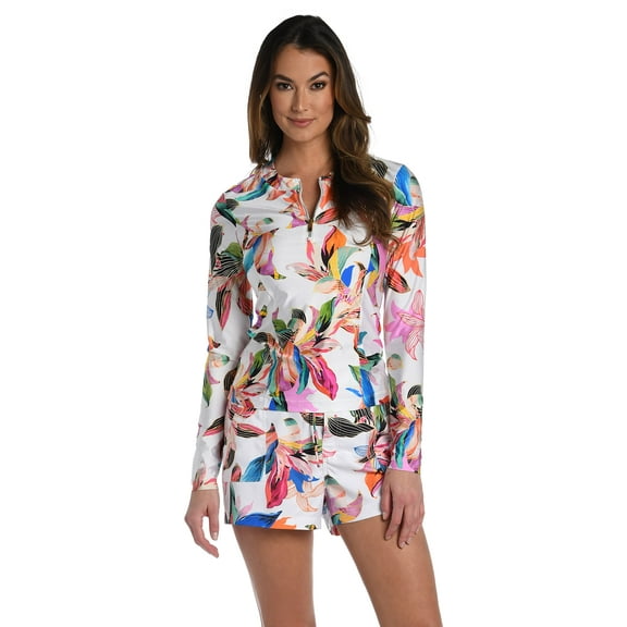 La Blanca Womens Long Sleeve Rashguard Swim Top Rash Guard Shirt, Multi Paradise City, Medium US