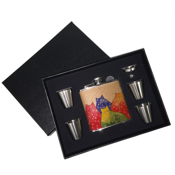 KuzmarK 6 oz. Leather Flask Set in Black Presentation Box -  Fiesta Polka-Dot Kitties Abstract Cat Art by Denise Every