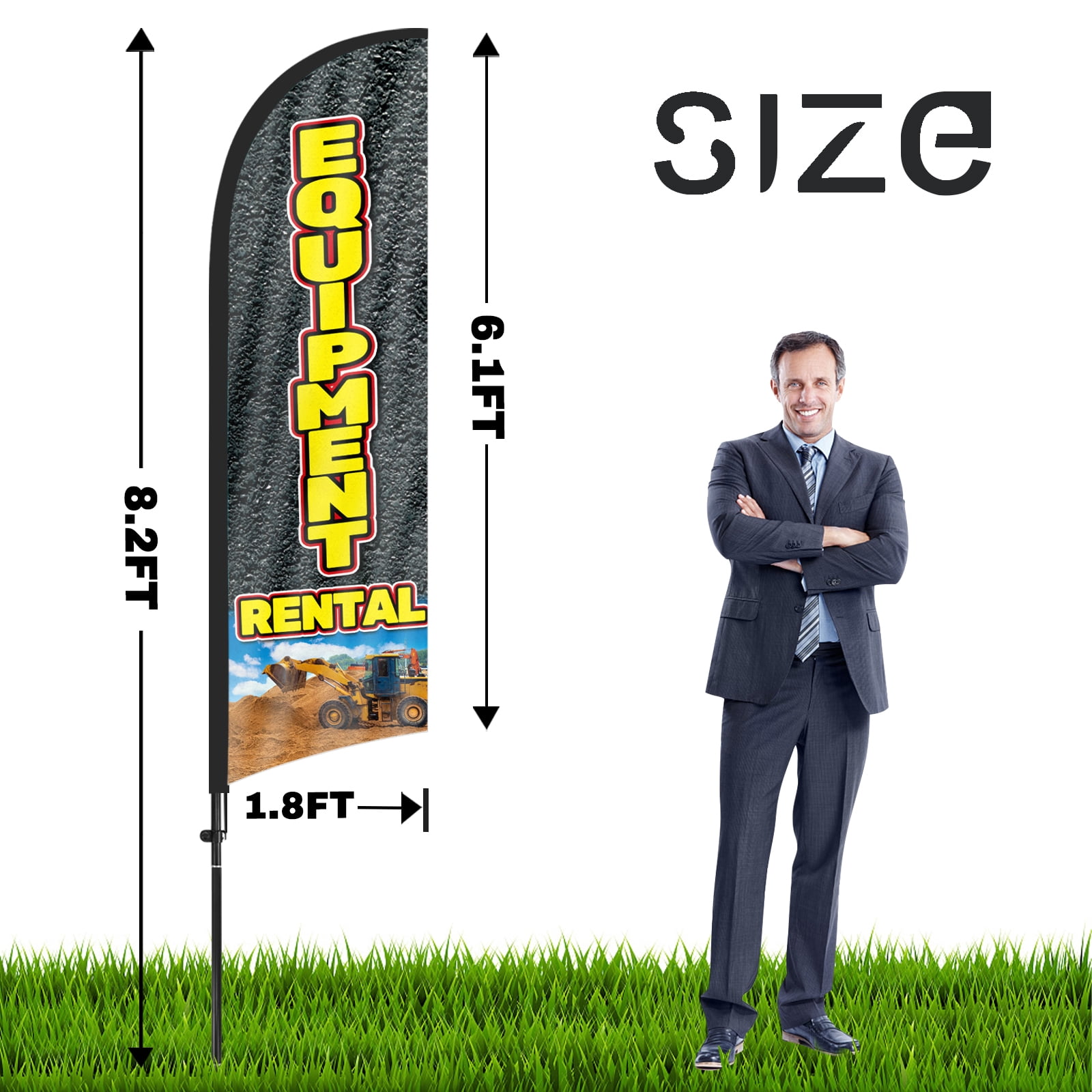 QSUM Equipment Rental Feather Flag with Flag Pole Kit and Ground Spike, 8.2FT Equipment Rental Windless Flag Banner Sign Business for Outdoor Advertising Sign Decoration Display