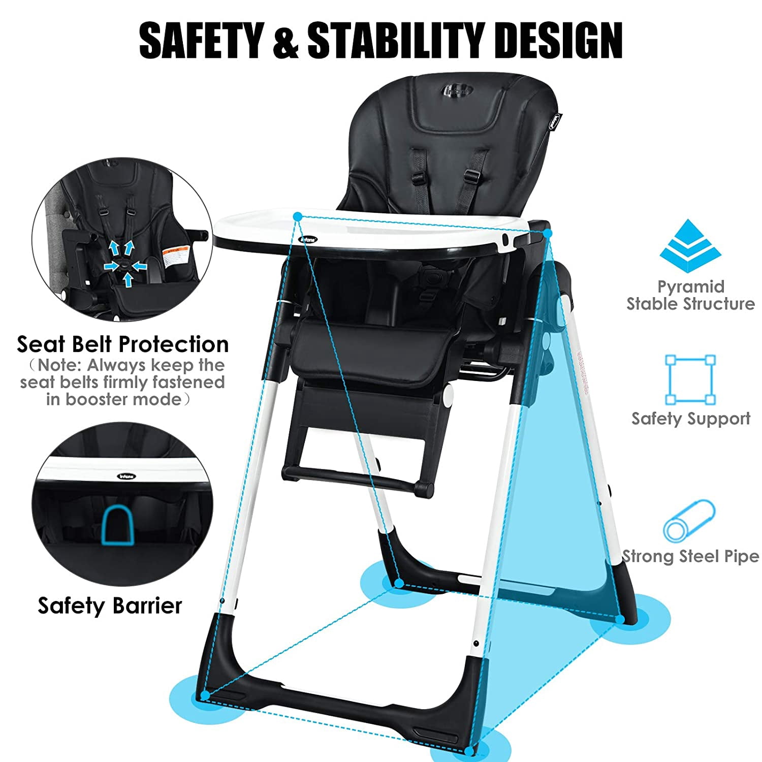 INFANS 4 in 1 High Chair–Booster Seat, Convertible Highchair w/Adjustable Height, Removable Tray, Detachable Cushion, Installation-Free, Simple Fold for Baby, Infant & Toddler, Black