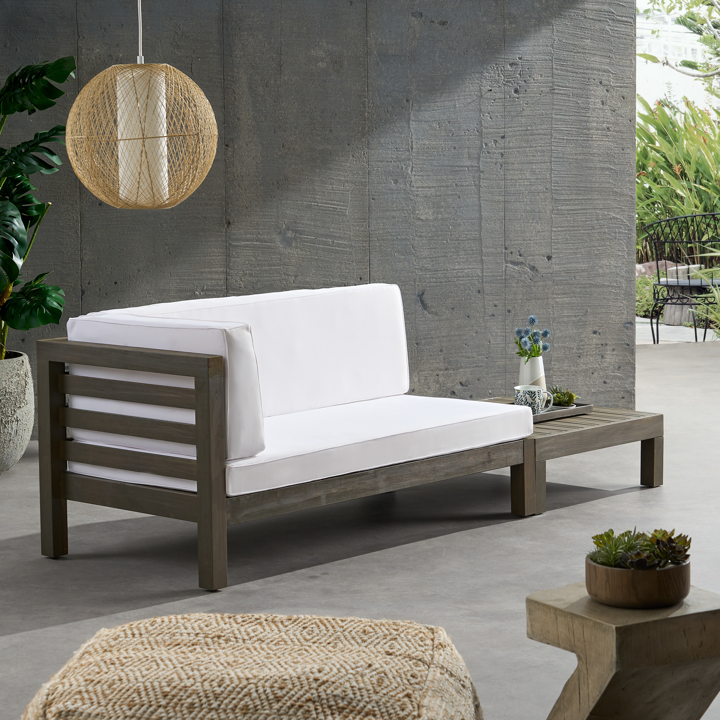 Kaena Acacia Wood Outdoor Left Arm Loveseat and Coffee Table Set with Cushion, Gray and White