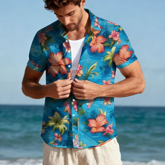 Kakii Hawaiian Shirt for Men Short Sleeves Tropical Printed Casual Button Down Summer Beach Floral Shirts