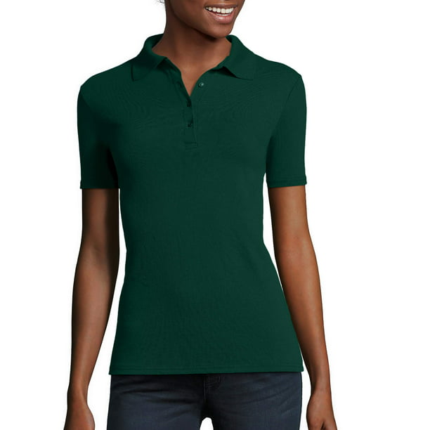 Female cotton poly pique blend short sleeve polo shirt in hunter green