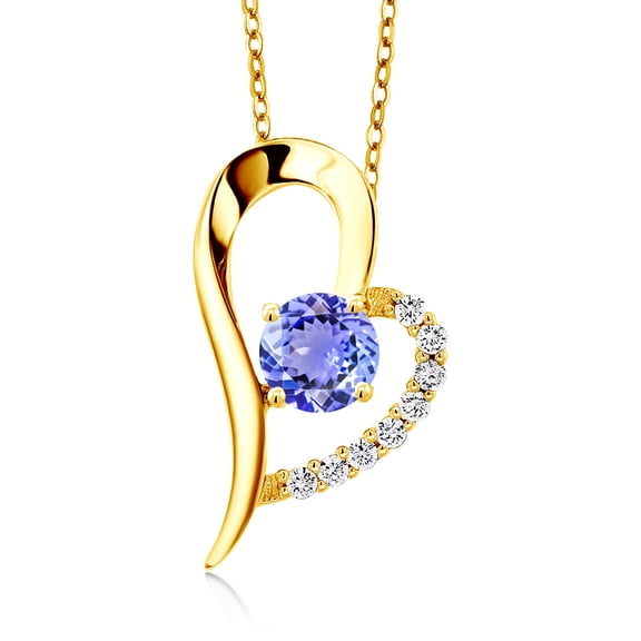 Gem Stone King 18K Yellow Gold Plated Silver Blue Tanzanite Heart Shape Pendant Necklace for Women (1.02 Cttw, Round 6MM, Gemstone December Birthstone, with 18 inch Chain)