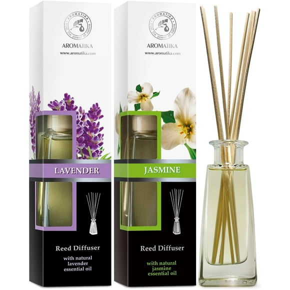 AROMATIKA Reed Diffuser w/Lavender Oil 100ml & Jasmine 100ml - Long Lasting Fragrance - Bamboo Sticks - Home, Office, Spa & Fitness