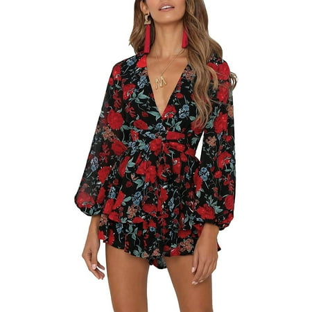 

Tejiojio Active Women s Summer Clearance Women Printed Beach Jumpsuits Deep V-Neck Long Sleeve Bandage Knot Ruffle Hem Floral Rompers