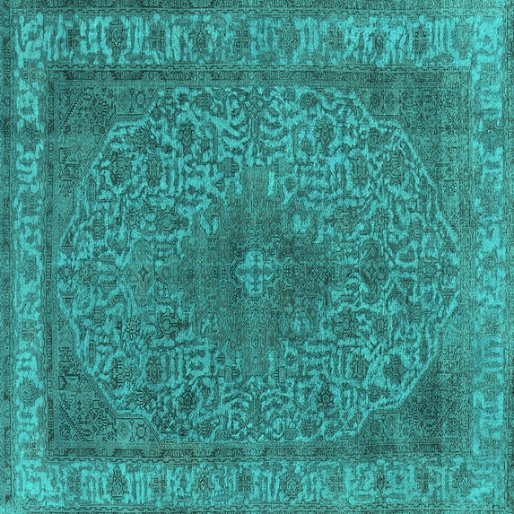 Ahgly Company Machine Washable Indoor Square Oriental Turquoise Blue Industrial Area Rugs, 7' Square