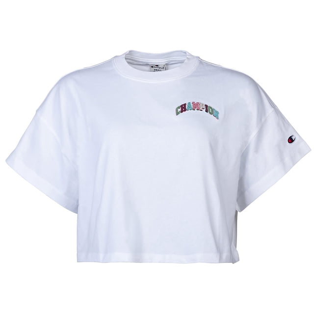 Camiseta de mujer Champion - Cuello redondo, Crop Top, Uni, Logotipo impreso, Manga corta, Algodón Blanco XL (X-Large)