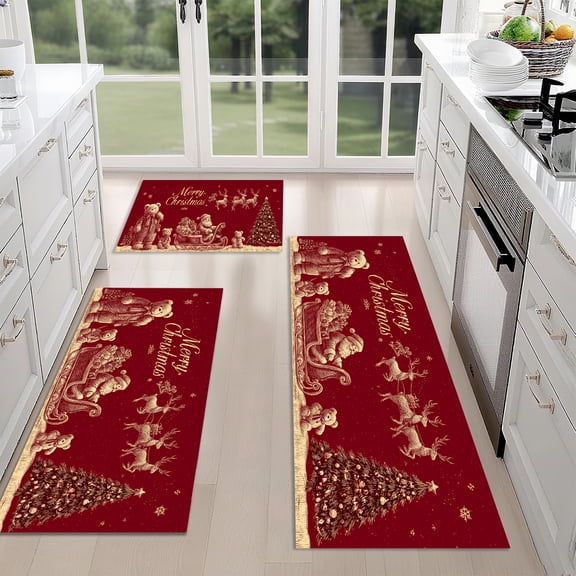 EasyPAG Christmas Kitchen Rug Set - 3 Piece Vintage Santa & Bear Design, Non-Slip Washable Floor Mats for Holiday Decor
