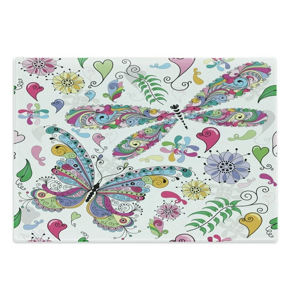Dragonfly Cutting Board, Butterfly Dragonfly Paisley Complex Motifs with Diverse Lines Art Image, Decorative Tempered Glass Cutting and Serving Board, Large Size, Multicolor, by Ambesonne