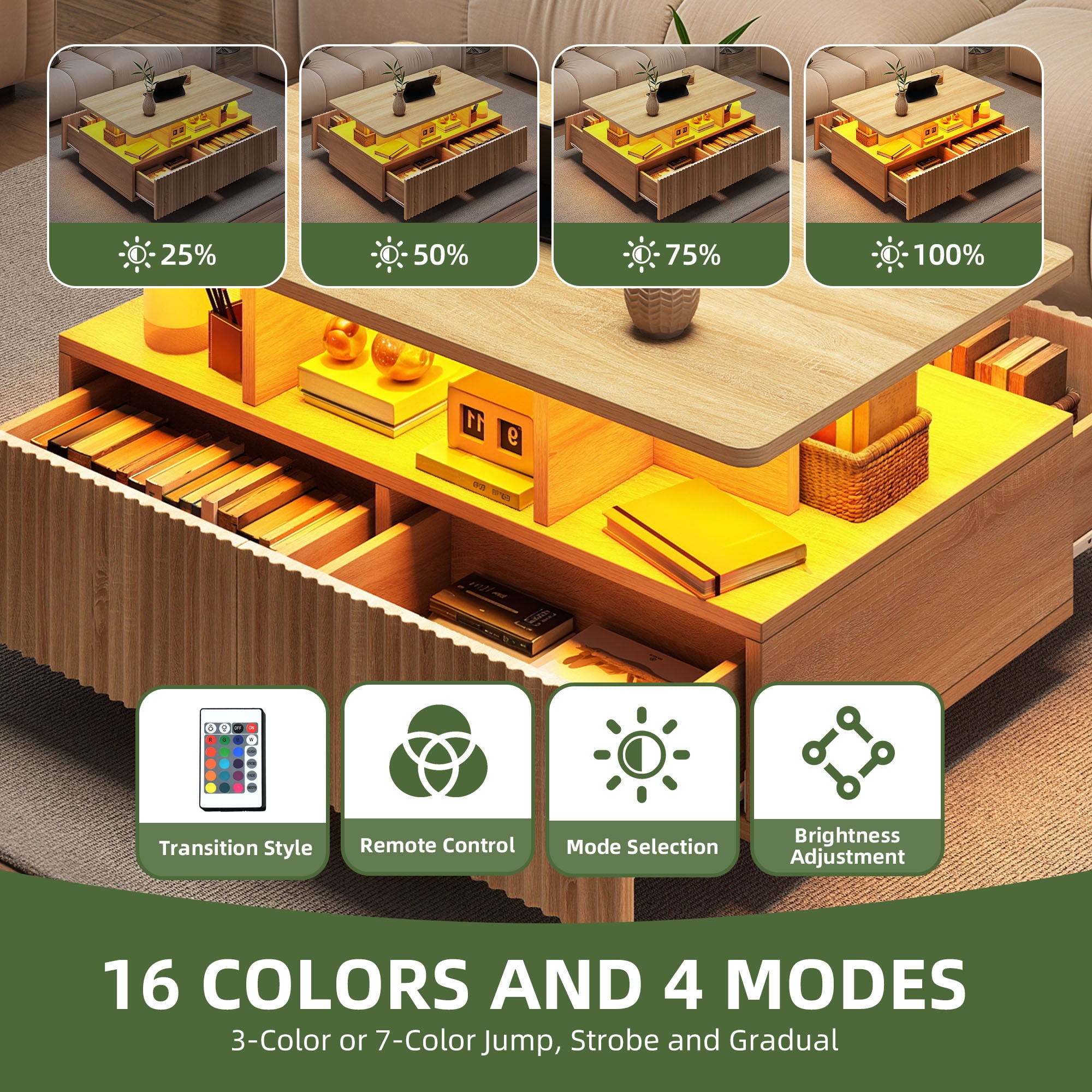Uforic Fluted LED Coffee Table, Modern Center Tables with Storage for Living Room, Oak