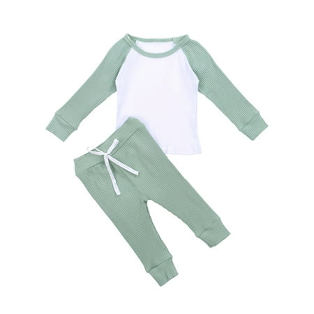 

Spring hue Baby Boys Girls Ribbed Knitted Long Sleeve T-shirts+Pants Sets